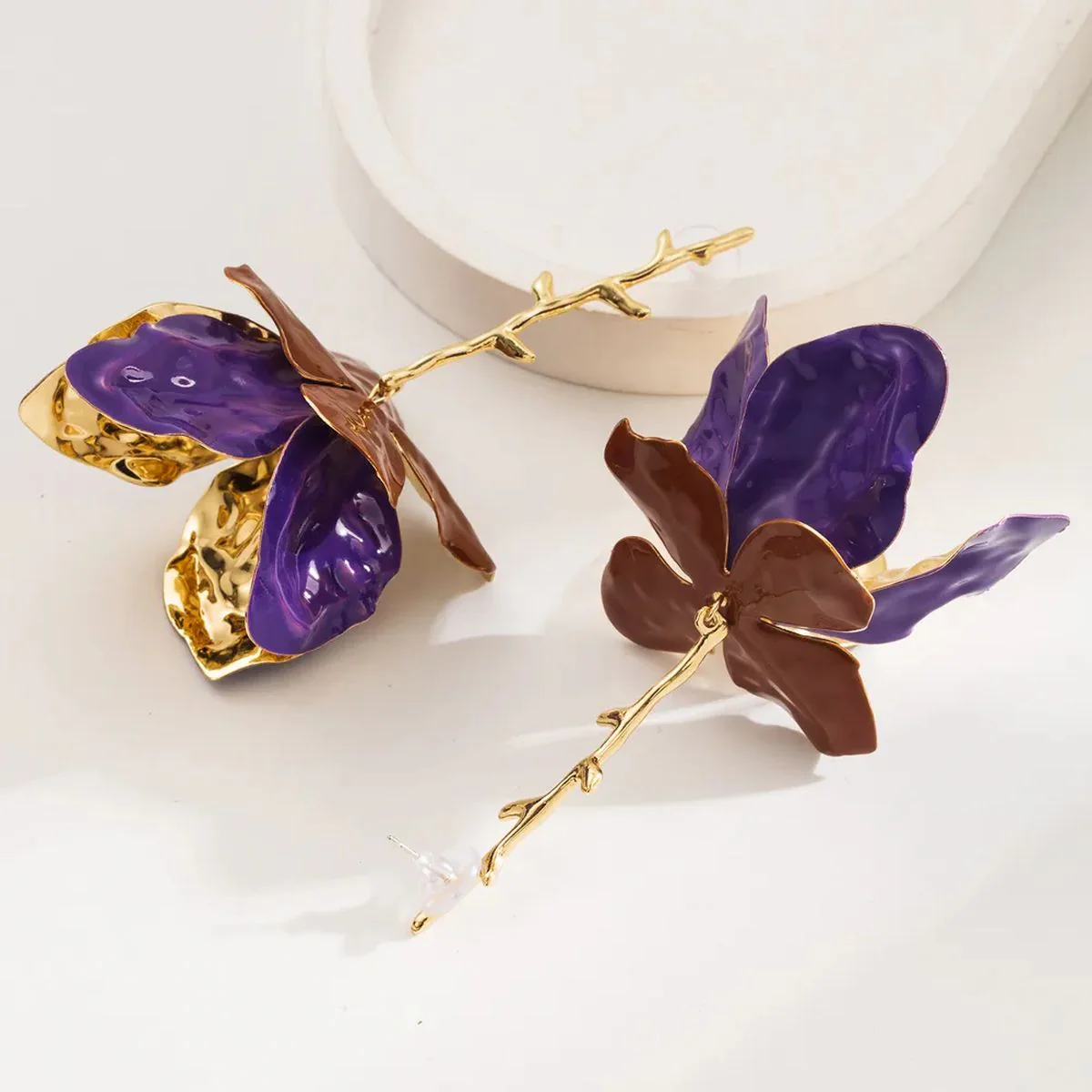 Purple Upside Down Rose Earrings