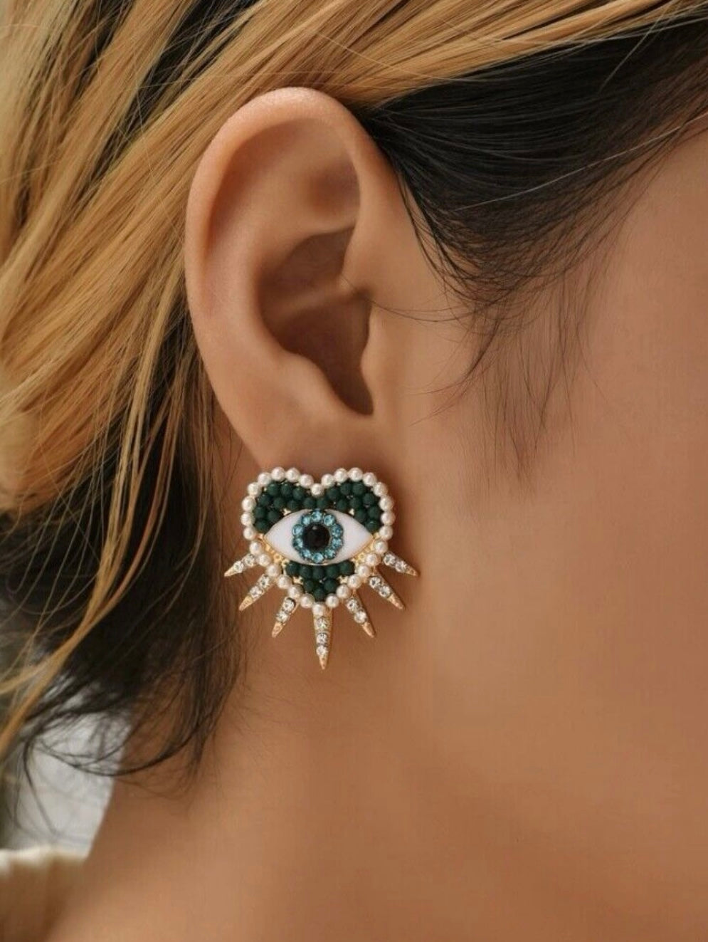 Green Beaded Evil Eye Studs