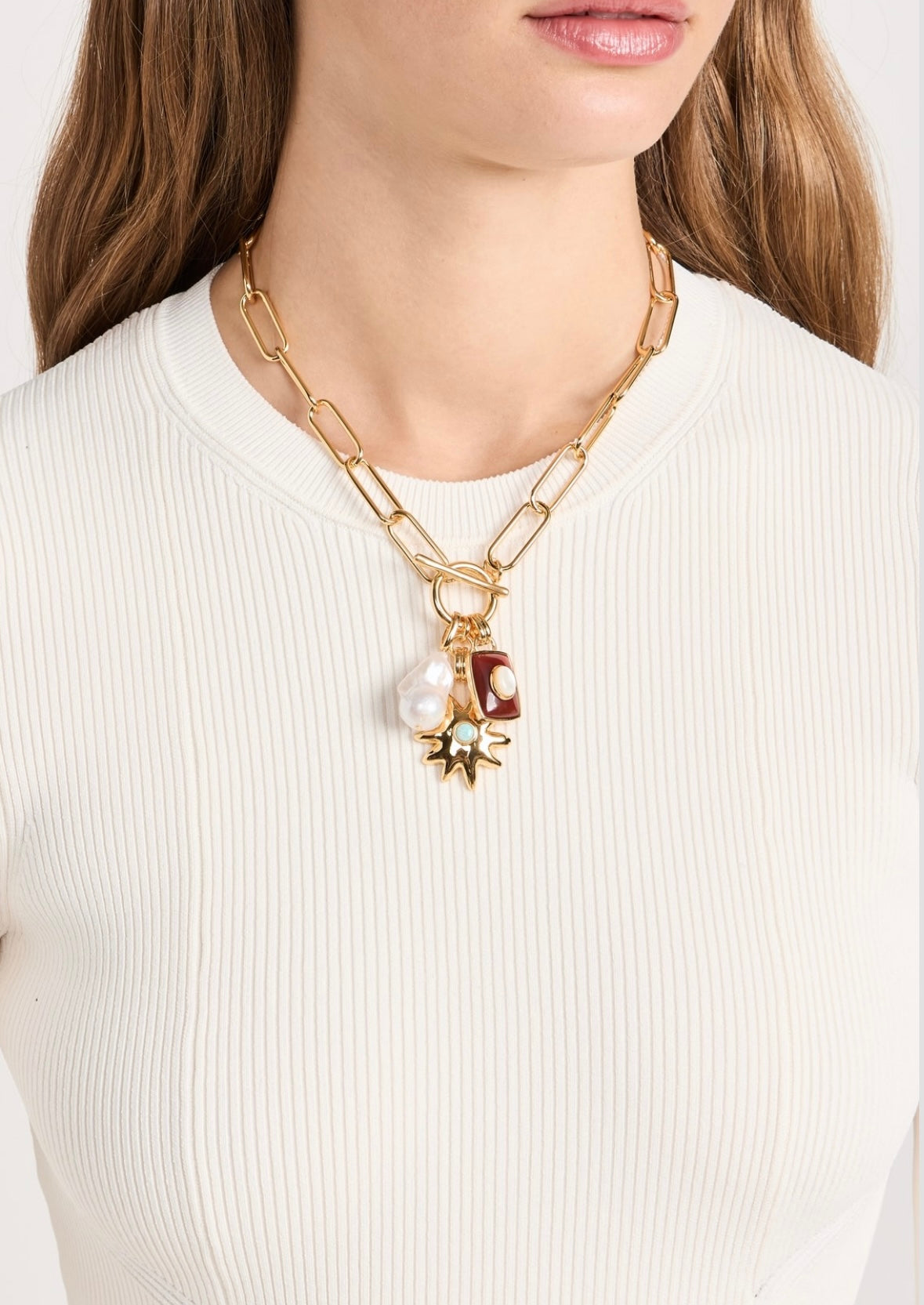 Ruby Star Pearl Charm Necklace