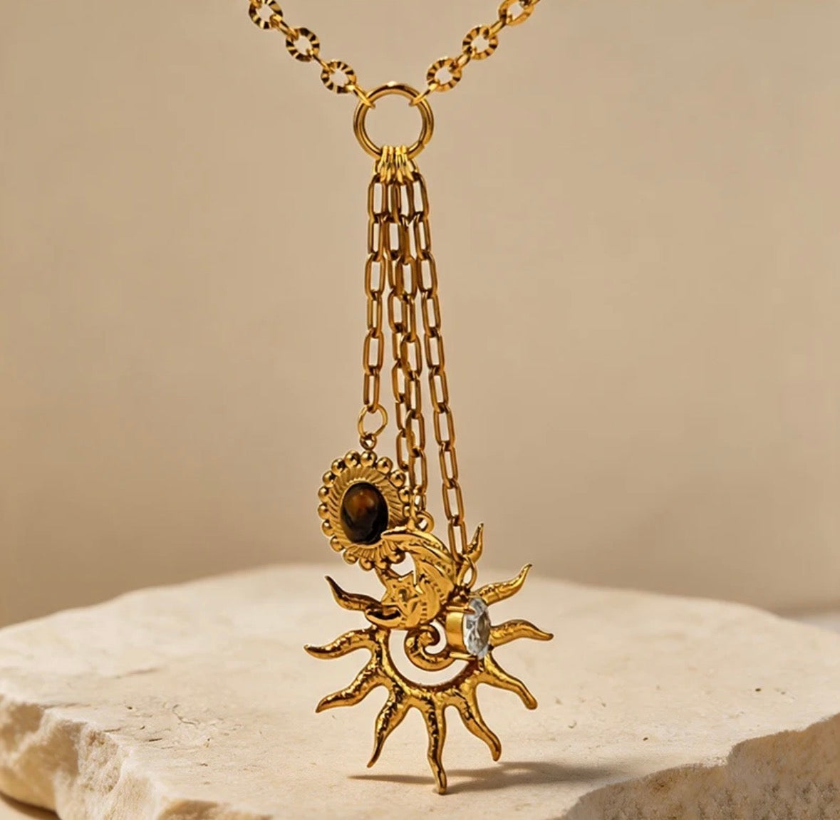 Diamond Sun Moon Charm Necklace