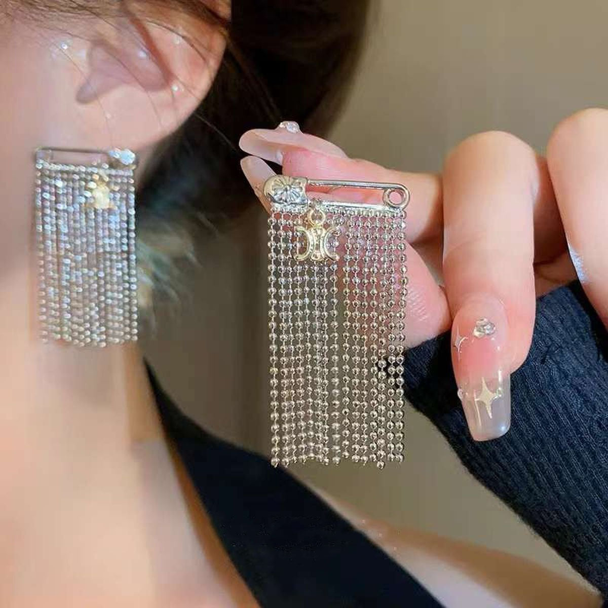 Silver Safety Pin Shower Earring