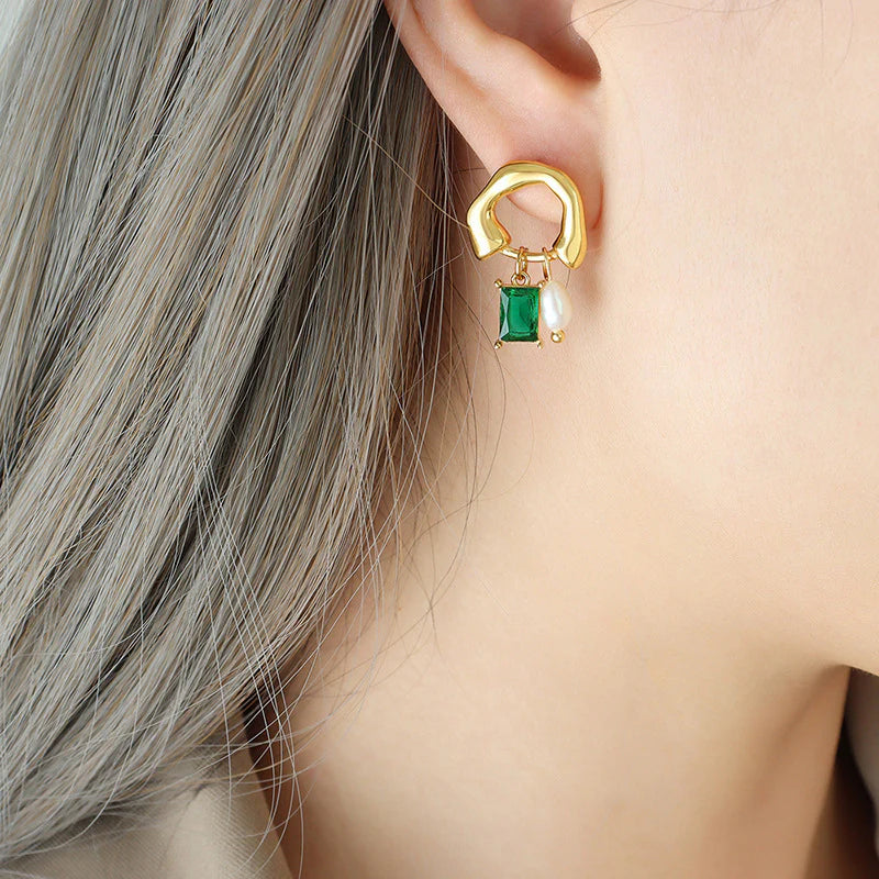 Emerald and Pearl Mini Stud