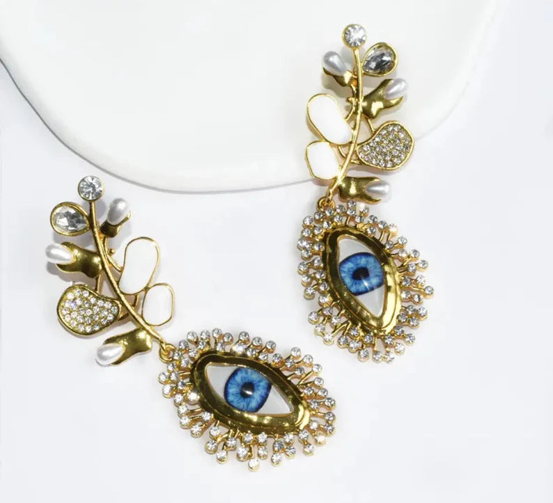 Pearl and White Evil Eye Earrings