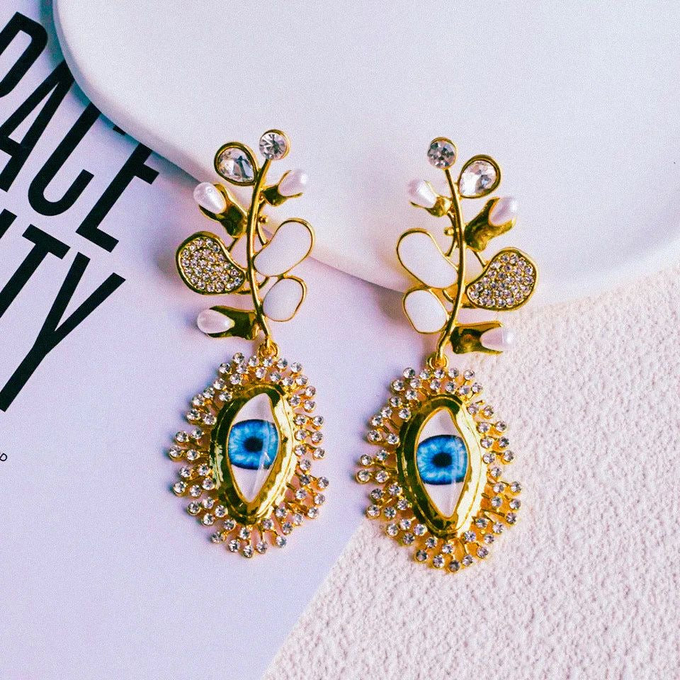 Pearl and White Evil Eye Earrings