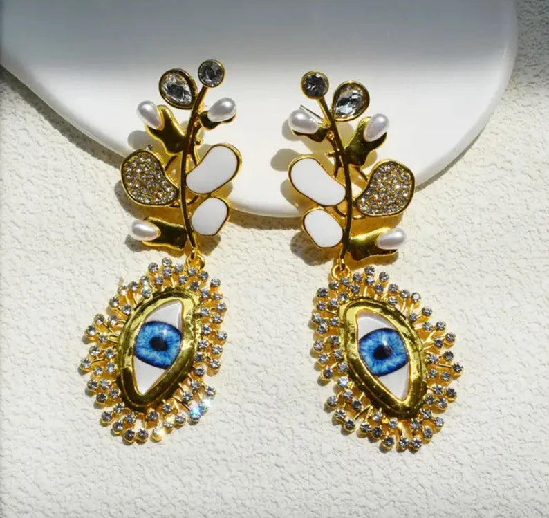 Pearl and White Evil Eye Earrings