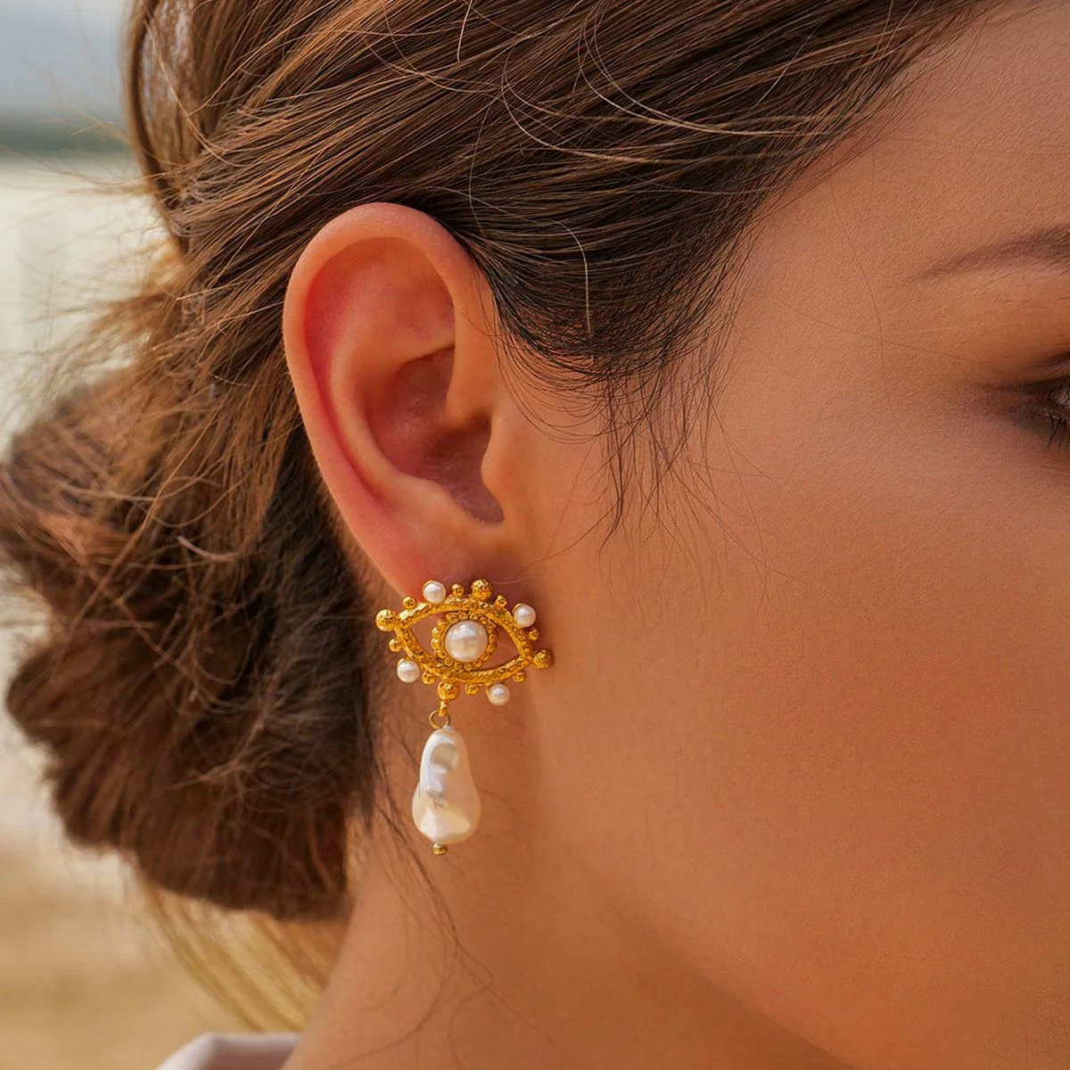 Evil Eye Pearl Drop Earrings