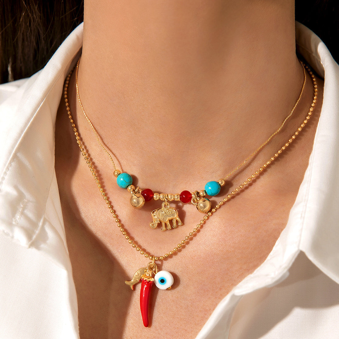 Gold luck Mirchi Layered Necklace