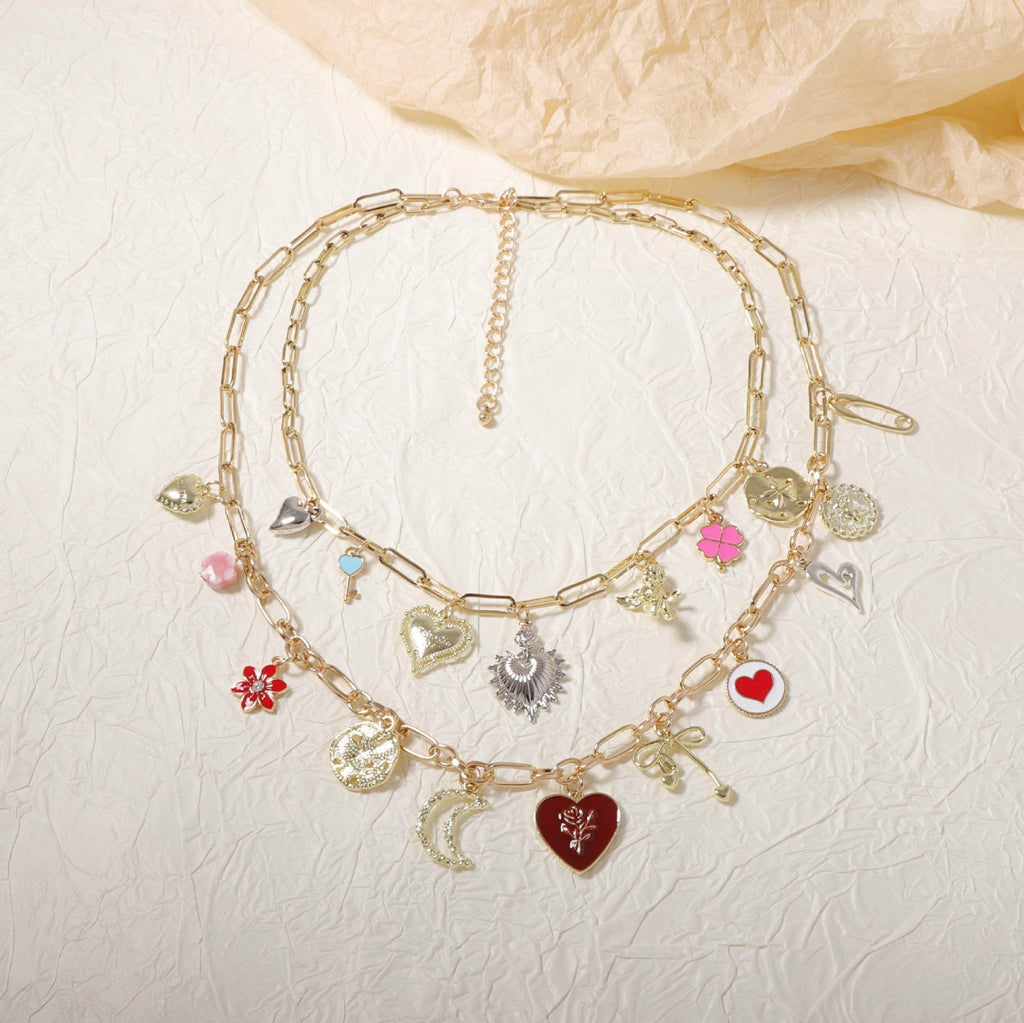Double Layered Multi Heart Charm Necklace