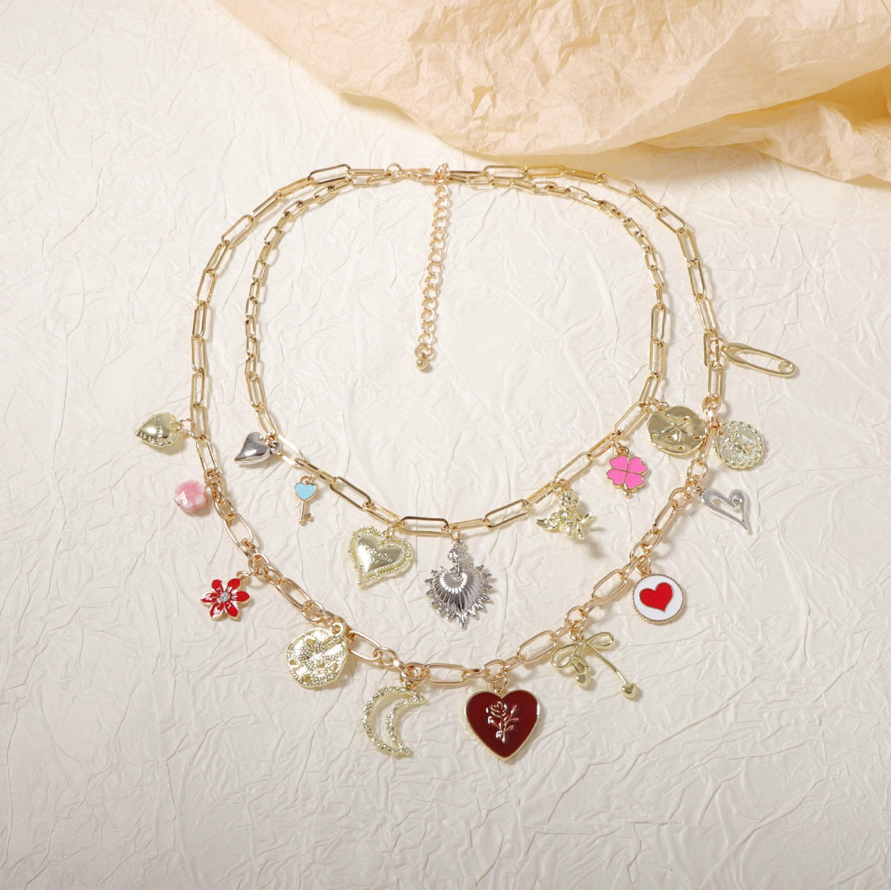 Double Layered Multi Heart Charm Necklace