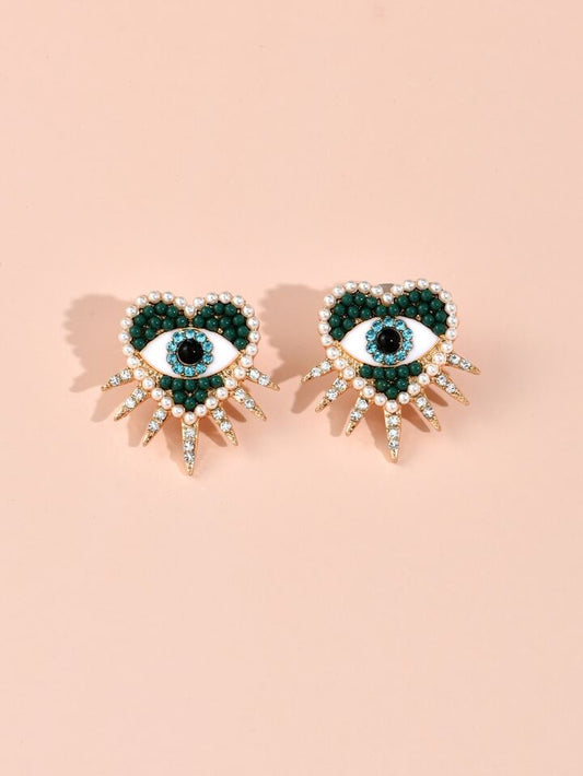 Green Beaded Evil Eye Studs