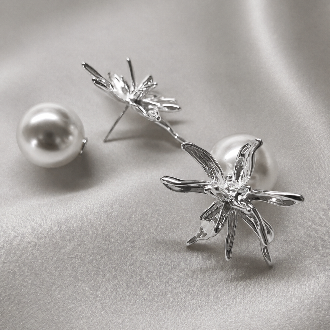 Flower and Pearl Stud Earrings