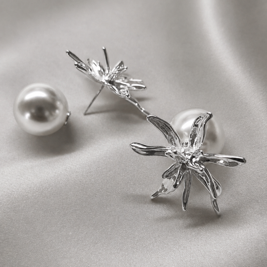 Flower and Pearl Stud Earrings