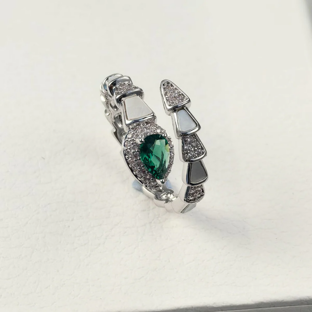Emerald Snake White Silver Ring
