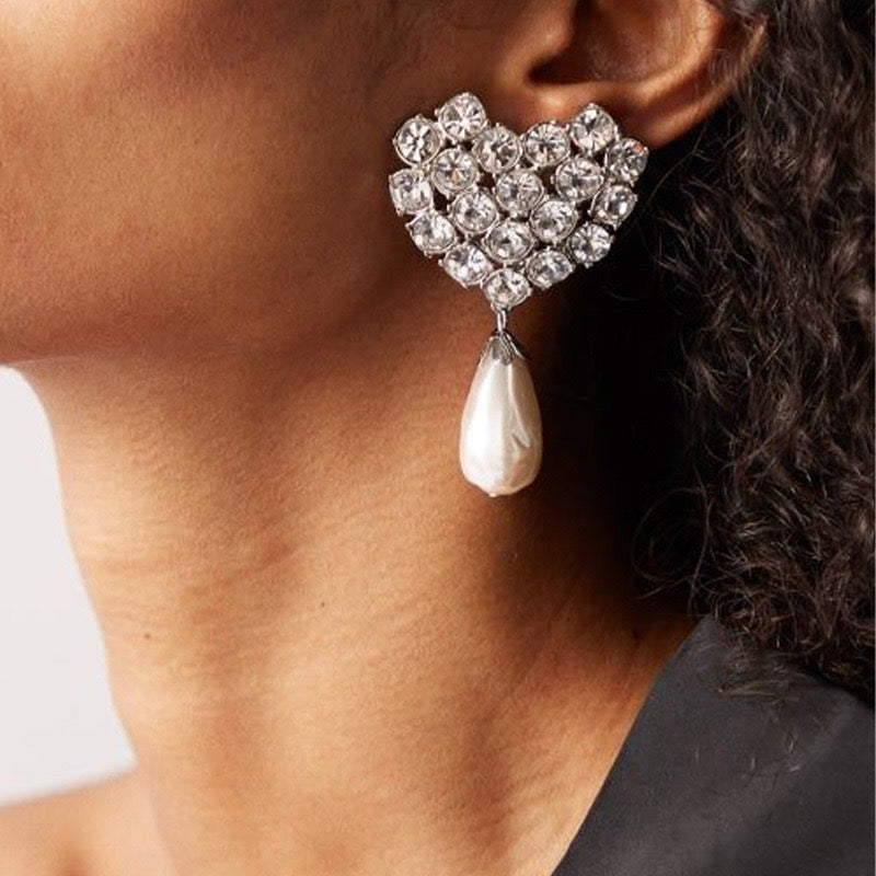 Bedazzled Heart Pearl Drop Earrings