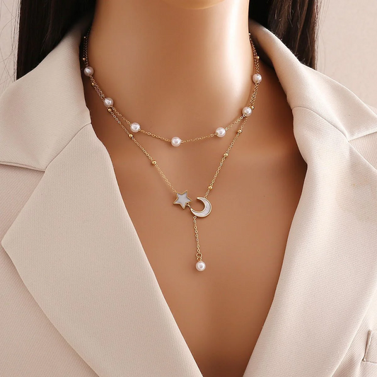Star Moon Pearl Layered Necklace