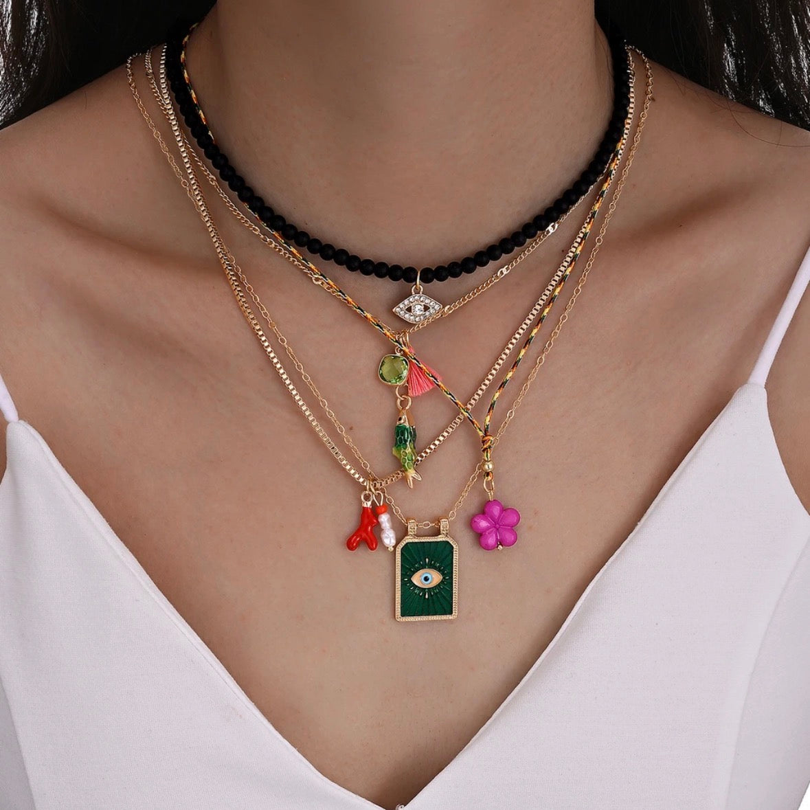 Green Beach Evil Eye Layered Necklace(Set of 5)