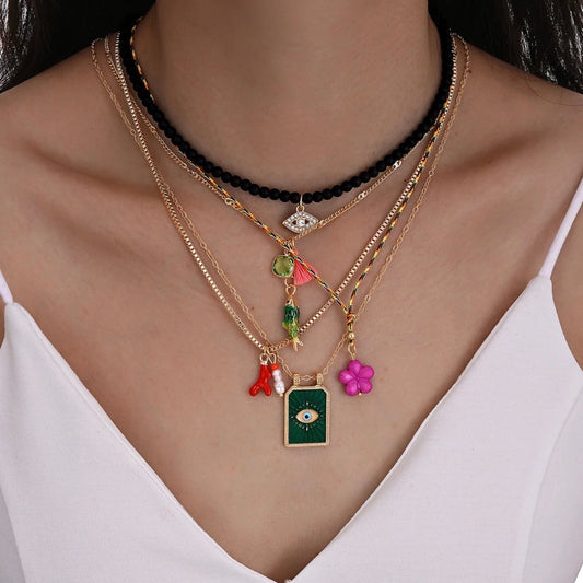 Green Beach Evil Eye Layered Necklace(Set of 5)
