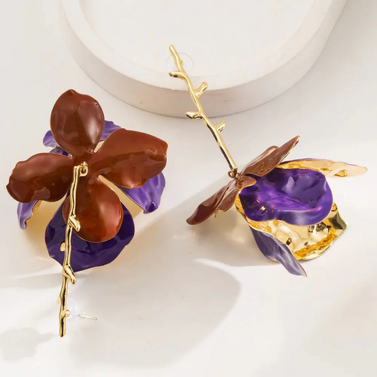 Purple Upside Down Rose Earrings