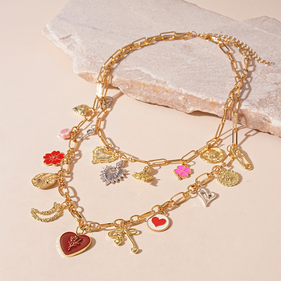 Double Layered Multi Heart Charm Necklace