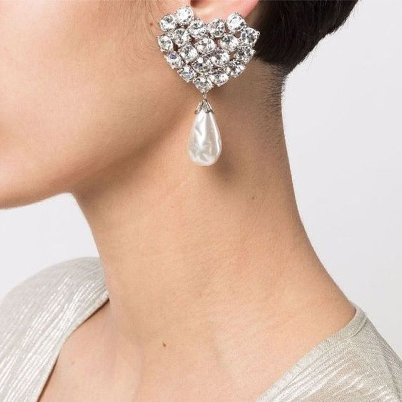 Bedazzled Heart Pearl Drop Earrings