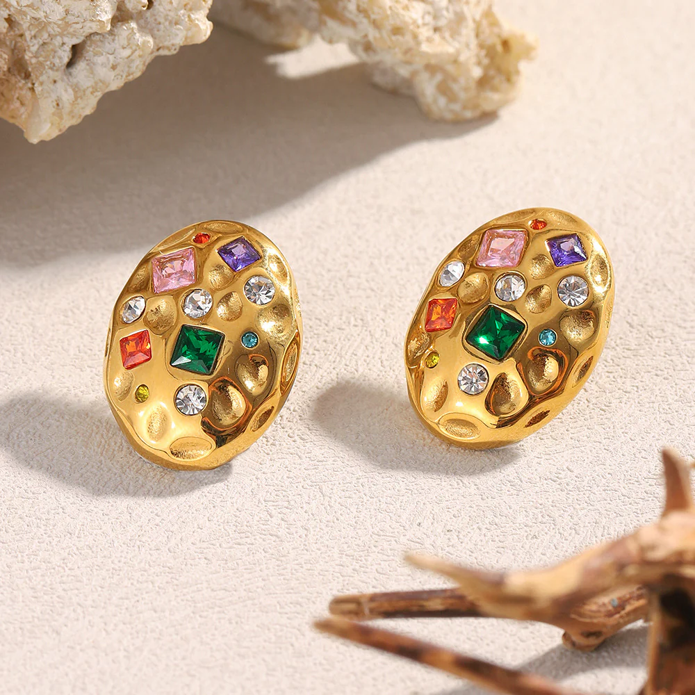 Oval Dented Crystal Studs