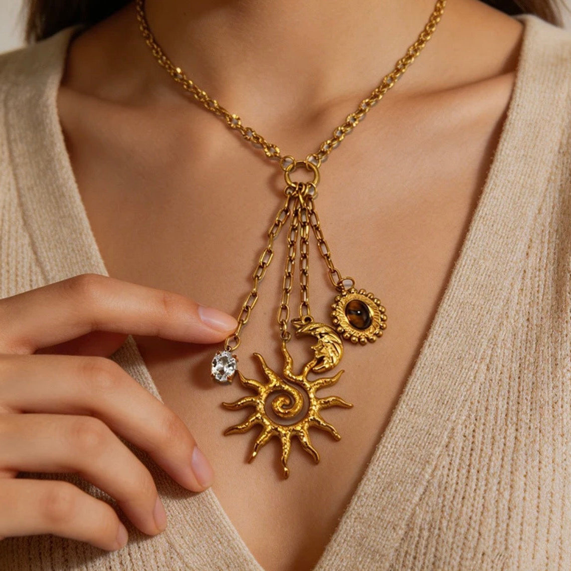 Diamond Sun Moon Charm Necklace