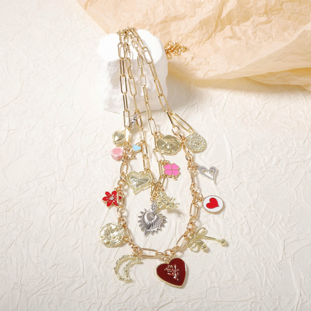 Double Layered Multi Heart Charm Necklace