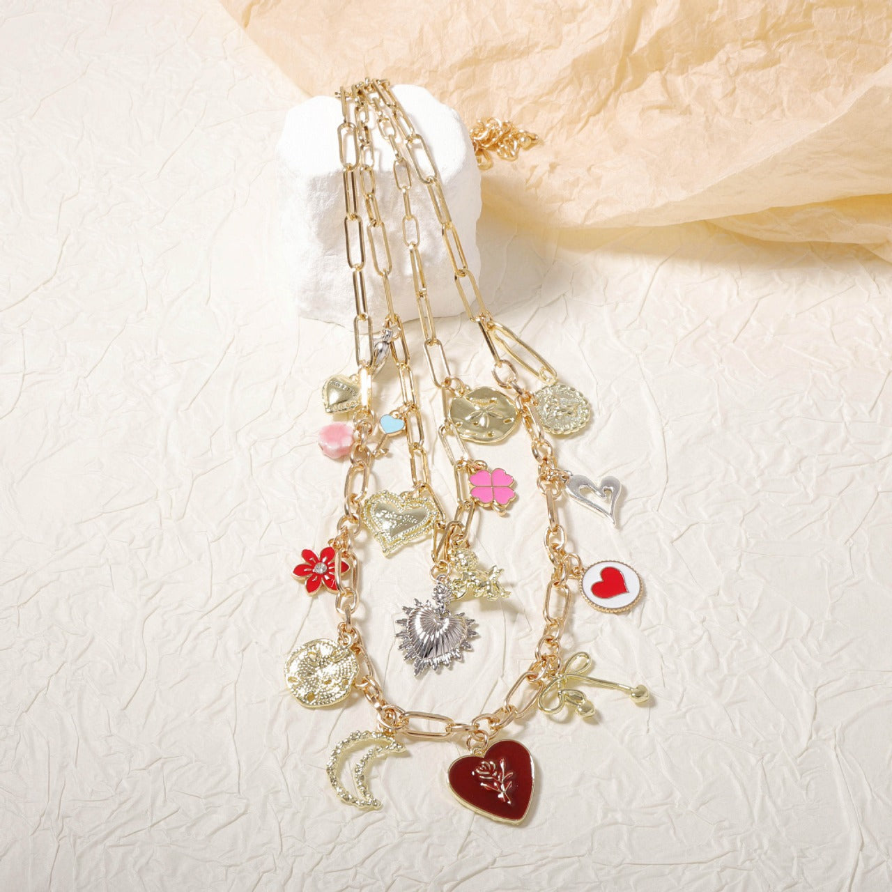 Double Layered Multi Heart Charm Necklace
