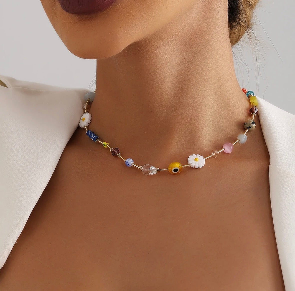 Evil Eye Flower Charm Choker