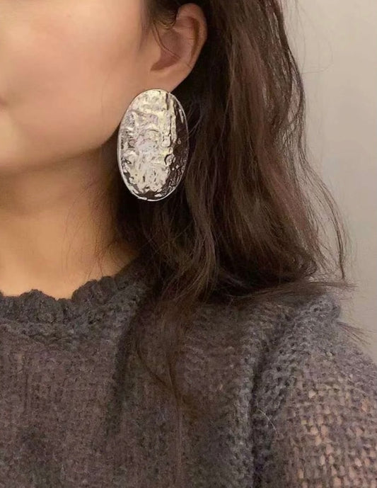 Silver Dented Oval Earrings