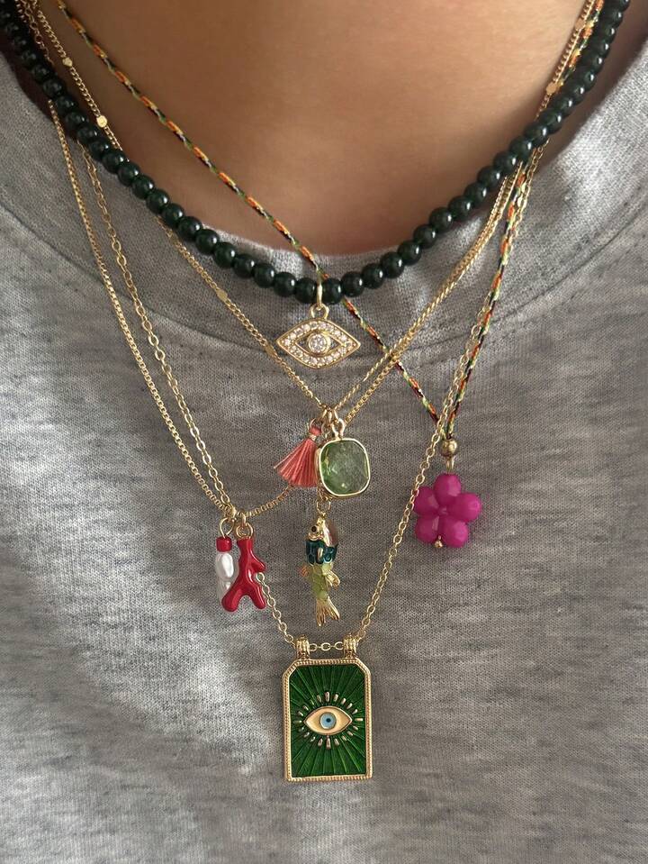 Green Beach Evil Eye Layered Necklace(Set of 5)