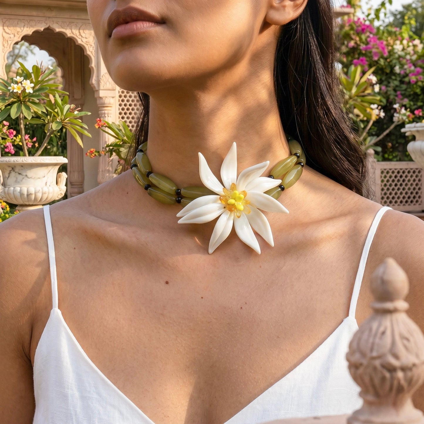 White Flower Beaded Necklace