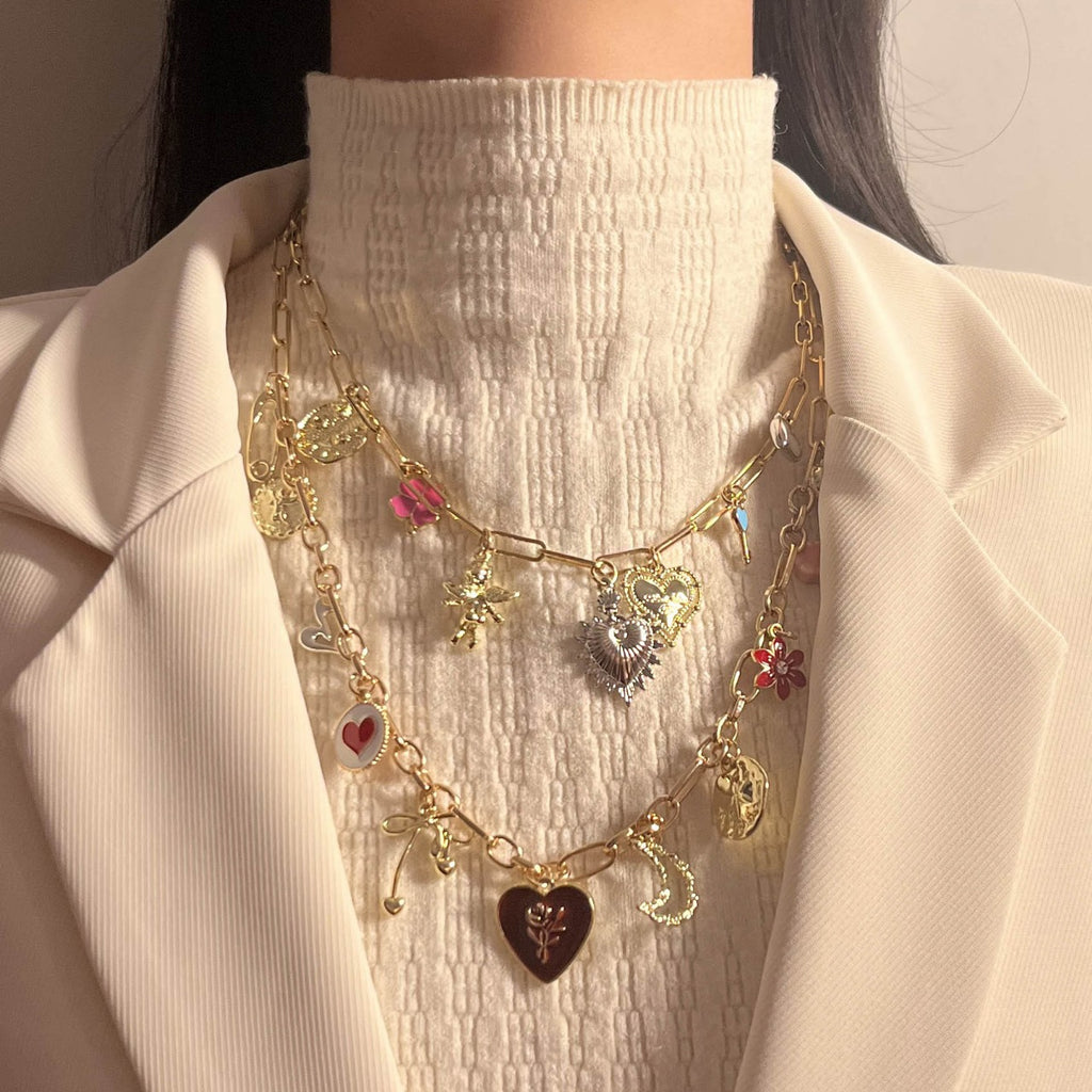 Double Layered Multi Heart Charm Necklace