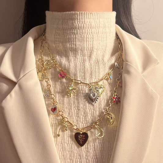 Double Layered Multi Heart Charm Necklace