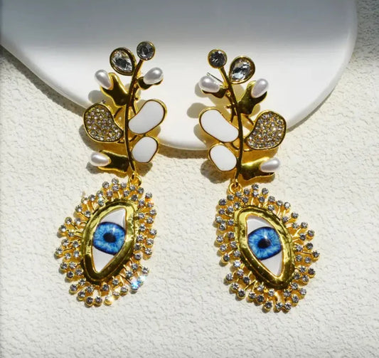 Pearl and White Evil Eye Earrings