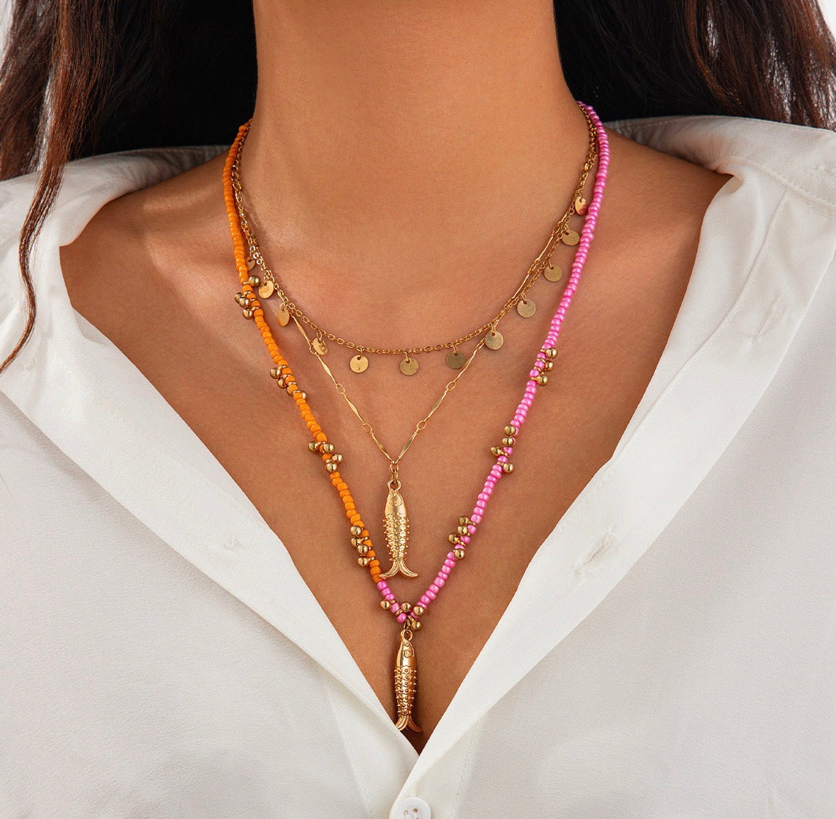 Pink n Orange Fish Layered Necklace