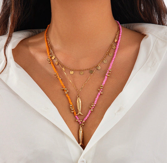 Pink n Orange Fish Layered Necklace