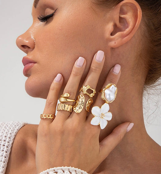 White Flower Pearl Ring Set of 7